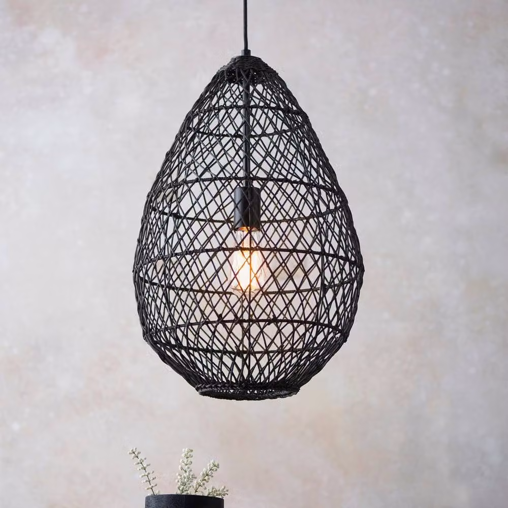 Netlighting Pimva Rattan Wire Frame Pendant Ceiling Light, Matt Black, E27 – 2