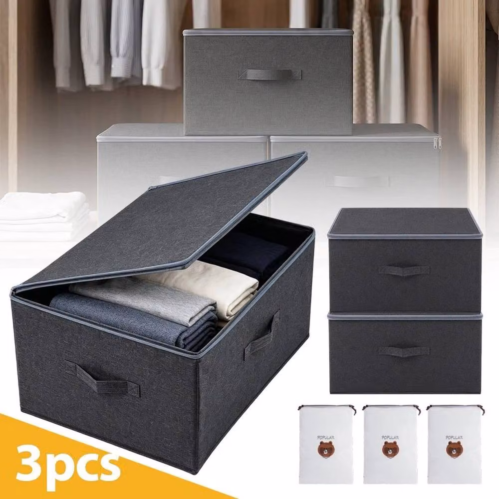 FLAVORA 3 Pack Fabric Storage Boxes with Lids, Foldable and Stackable, Grey, W: 50 cm – 3