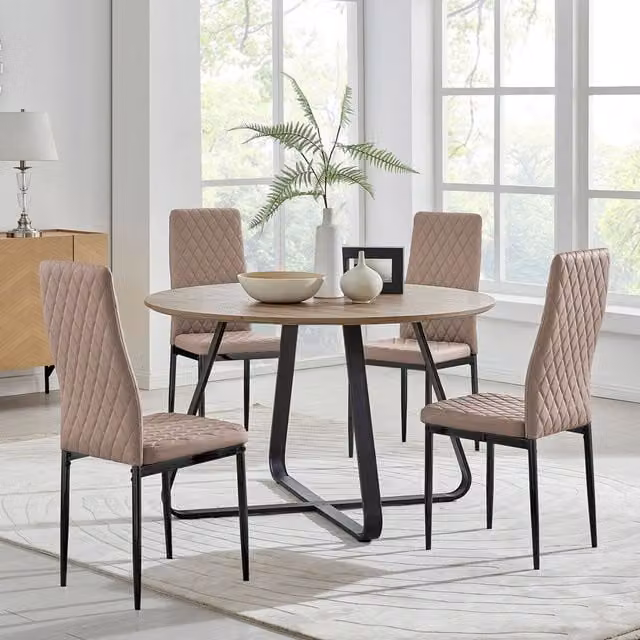 FurnitureboxUK Santorini Round Dining Table in Brown with 4 Milan Black Leg Chairs