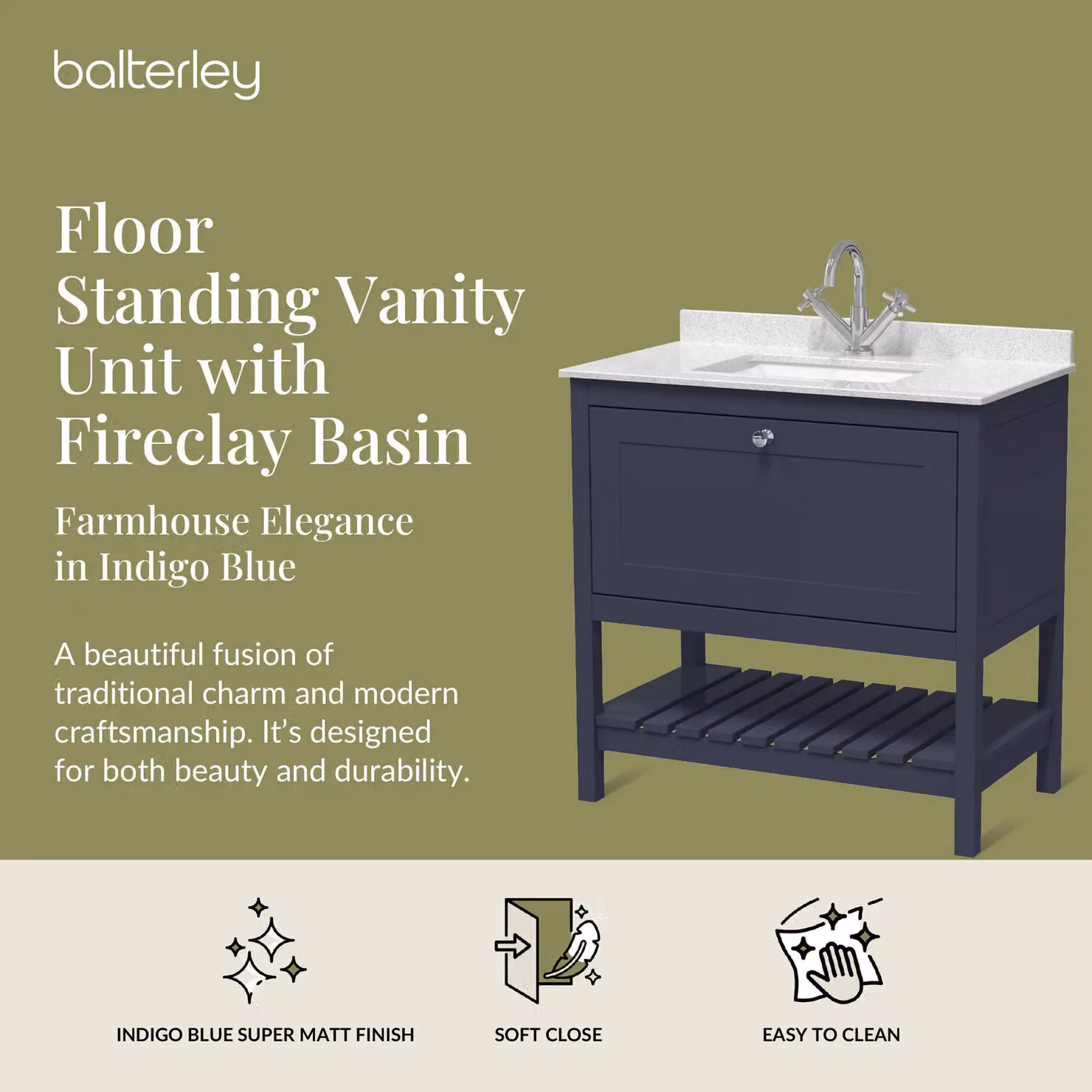 Balterley Blue Freestanding Bathroom Floor Vanity Unit with Marble Top and 1 Drawer, Width: 80 cm – 2