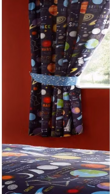 Portfolio Home Planets Pencil Pleat Fabric Curtains in Black and Multicolour with Star Pattern