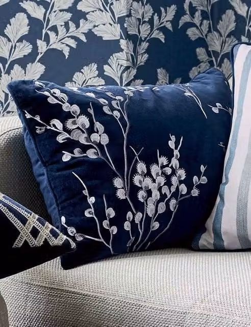 Laura Ashley Pussy Willow Velvet Embroidered Square Cushion in Blue and Cotton Mix