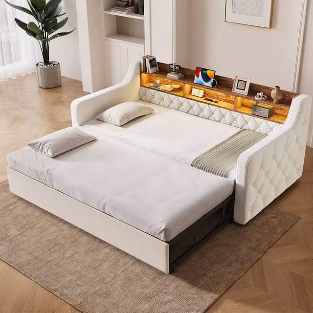 BTM Single Velvet Daybed in Beige with USB Charging Port, LED Lighting and Storage Drawers, W/D/H: 190 x 90 x 80 cm – 1