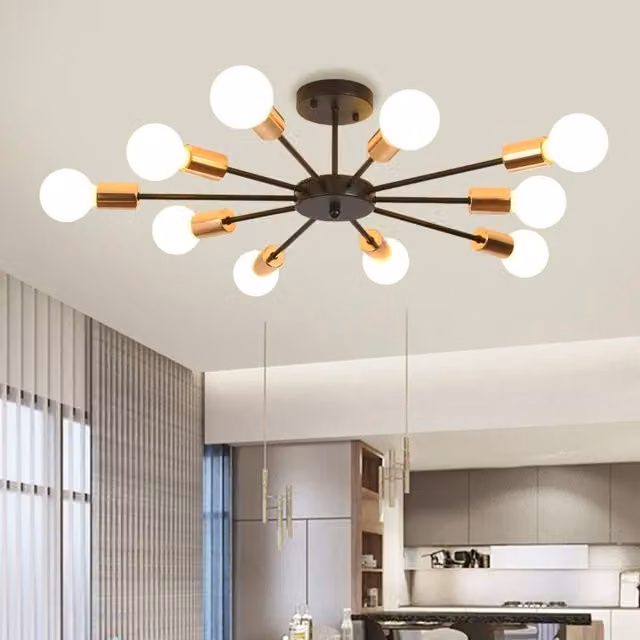 Garwarm 10-Light Black Sputnik Semi Flush Mount Ceiling Light in Metal and Glass