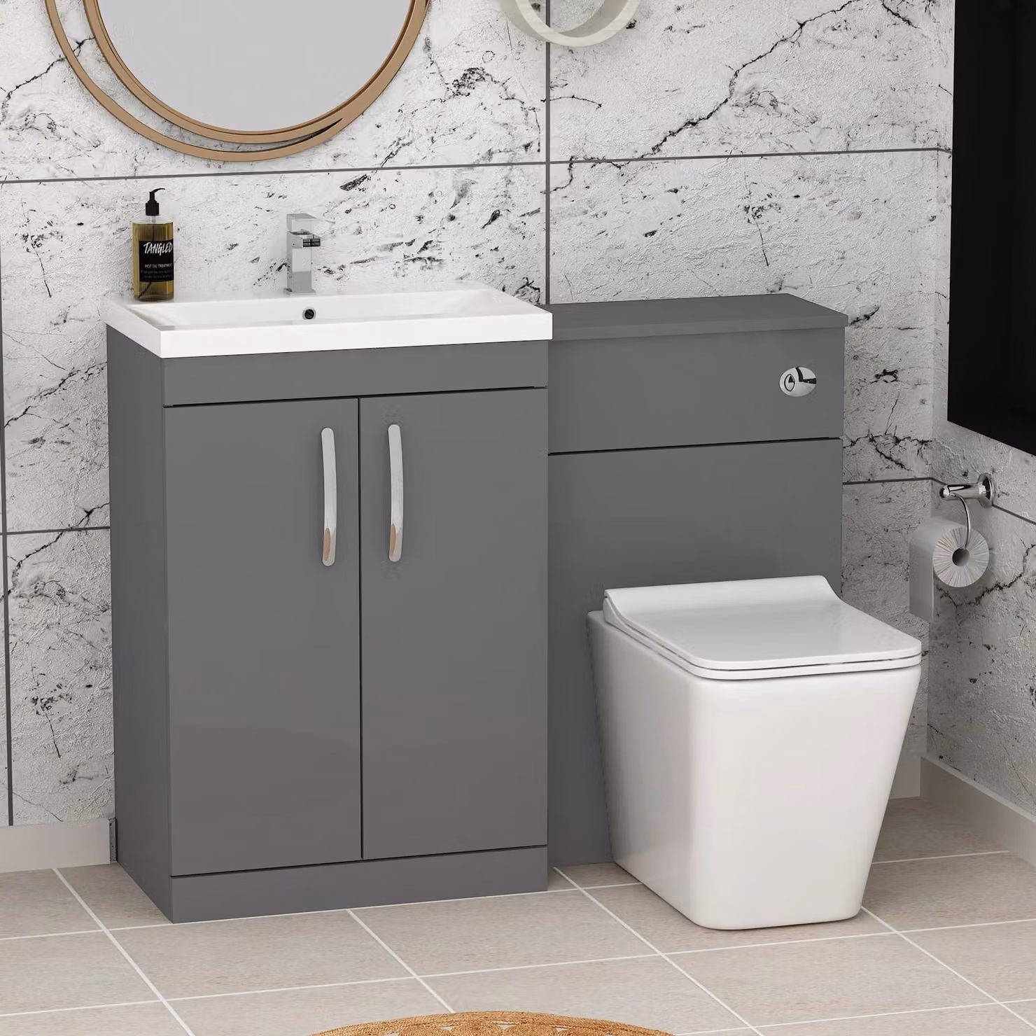 Royal Bathrooms Indigo Grey Gloss 2 Door Furniture Pack with Mid Edge Basin and Slim Elena Back to Wall Toilet, W: 110 cm