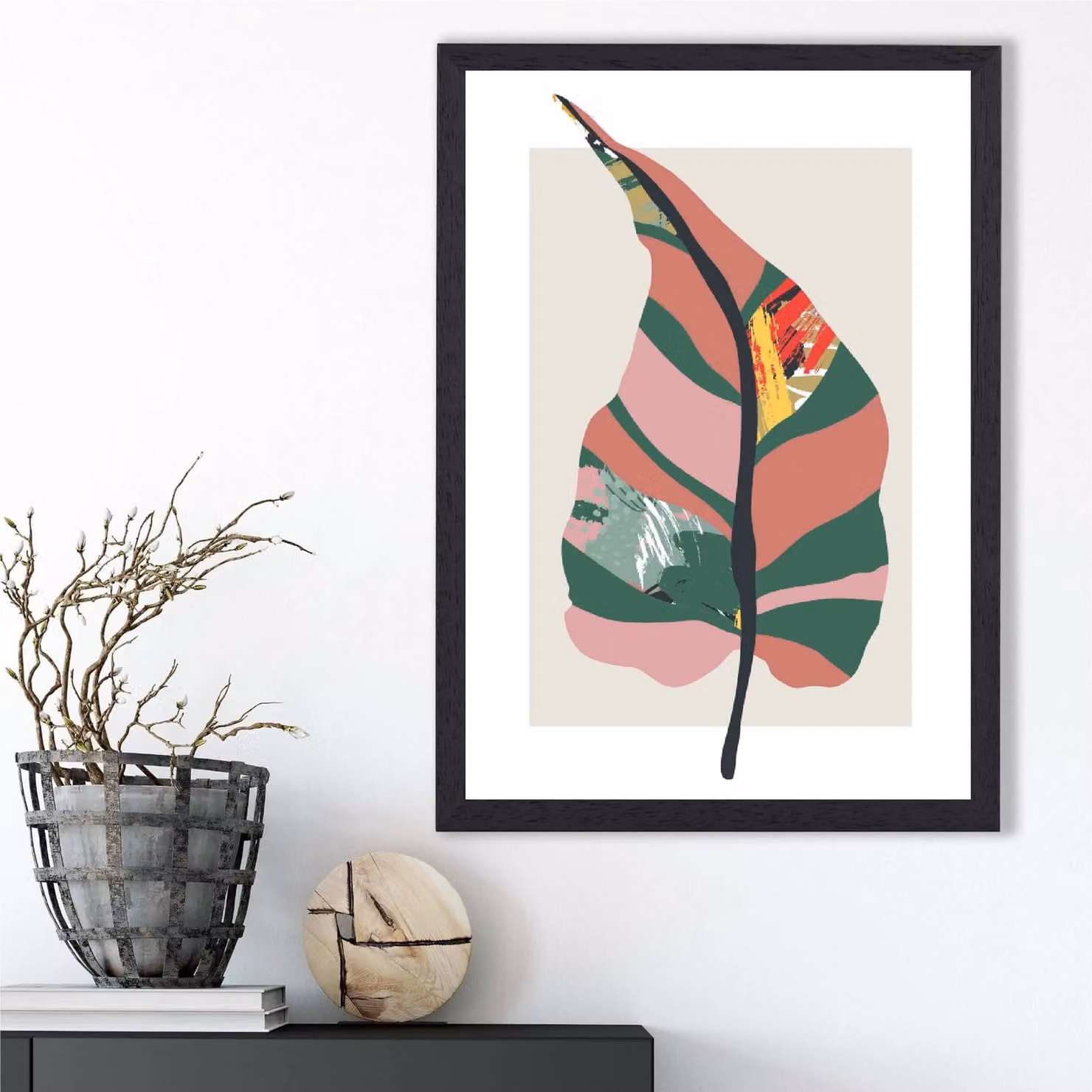 ARTZE Minimalist Tropical Plant Botanical Illustration Framed Print in Green and Red with Black Frame, A3 – 2