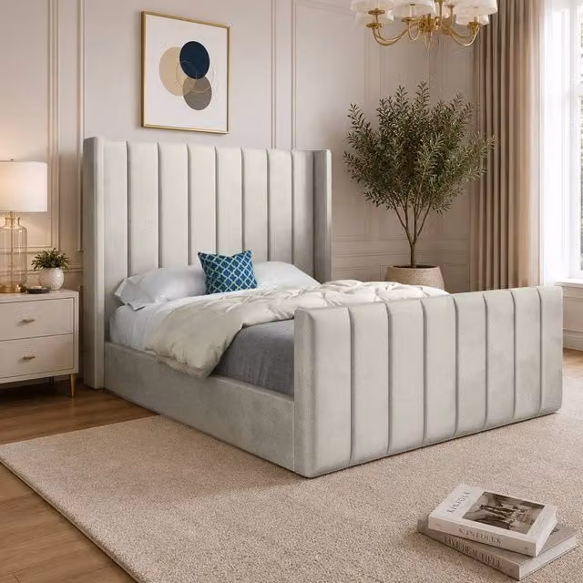 Casani Sherington Upholstered Velvet Designer Bed Frame in Beige, Size: 180 x 200 cm – 1