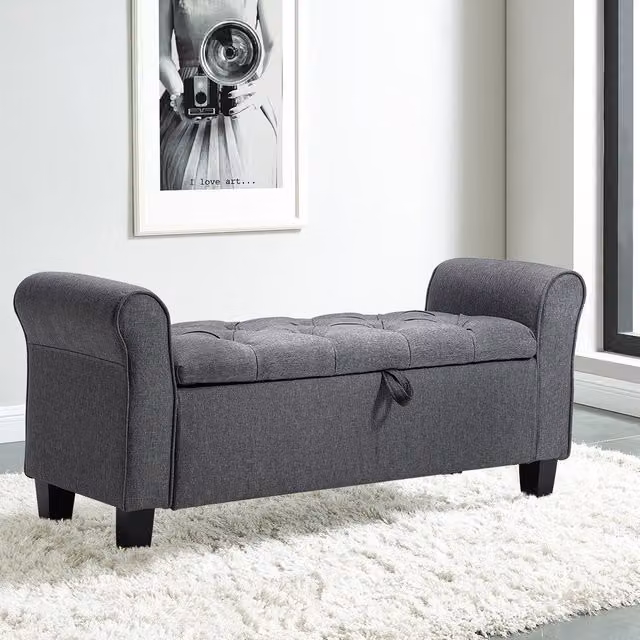 Livingandhome Chesterfield Button Tufted Linen Storage Ottoman Bench with Rolled Arms in Grey