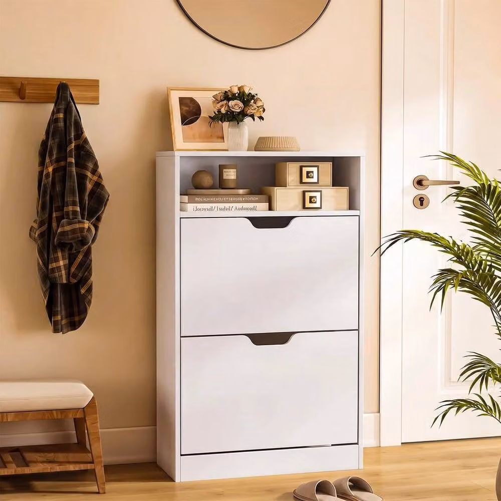 KORVIXA Modern White Shoe Cabinet with Tilting Compartments and Open Shelf – 2