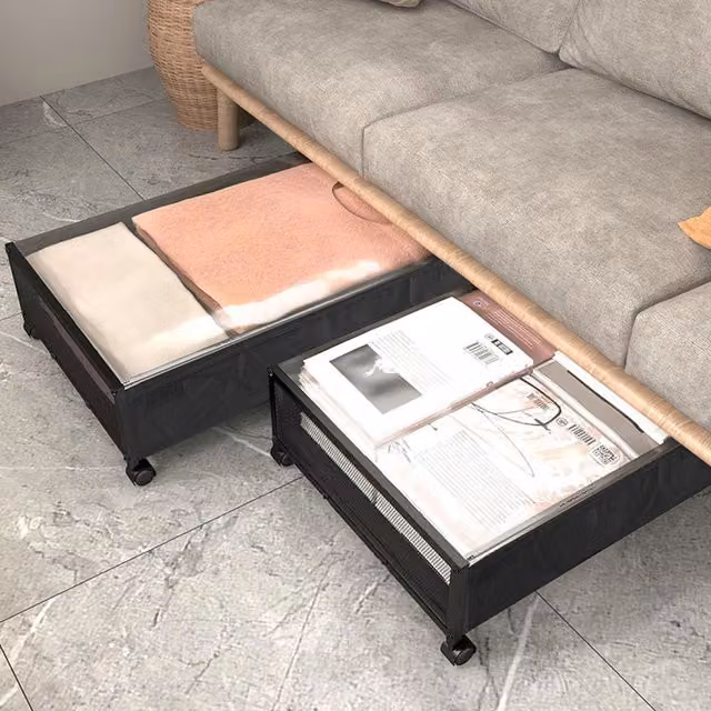 Livingandhome 2-Piece Under-Bed Storage Containers with Wheels, Black Metal