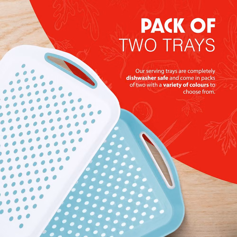 Essen 2-Pack Rectangular Non-Slip Serving Tray Set with Handles in Blue and White – 3