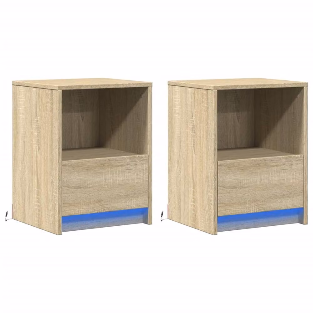Berkfield Home Set of 2 Bedside Cabinets with Integrated LED Lights in Light Oak Sonoma Oak Engineered Wood – 2