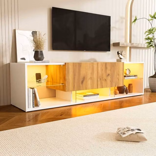 STILVORA Modern TV Stand with 2 Drawers and LED, White and Multicolour, W: 160.0 cm, D: 40.0 cm, H: 42.0 cm