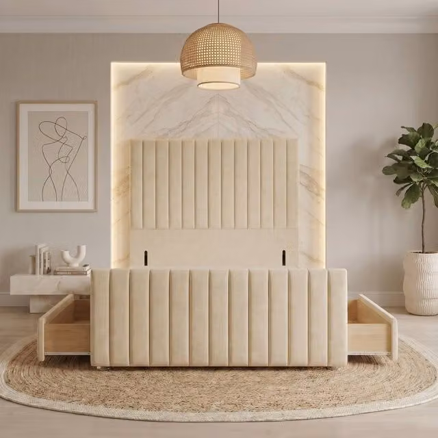 Somnior Eleanor Linen Divan Base with 4 Drawers, Headboard and Footboard, Beige, W/D/H: 120 x 200 cm