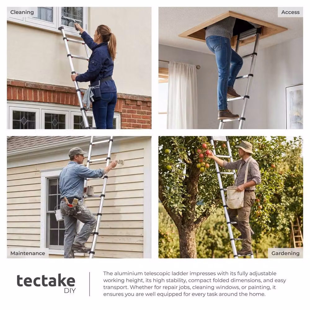 tectake 13-Step Telescopic Aluminium Ladder with Non-Slip Rubber Feet in Silver, 3.85 m – 5