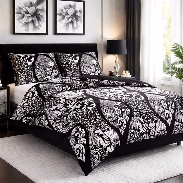 Pamposh Reversible Microfibre Duvet Cover and Pillowcase Set in Black and White, Single Size