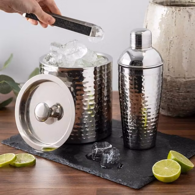 BarCraft Hammered Stainless Steel Ice Bucket and Cocktail Shaker Set in Silver