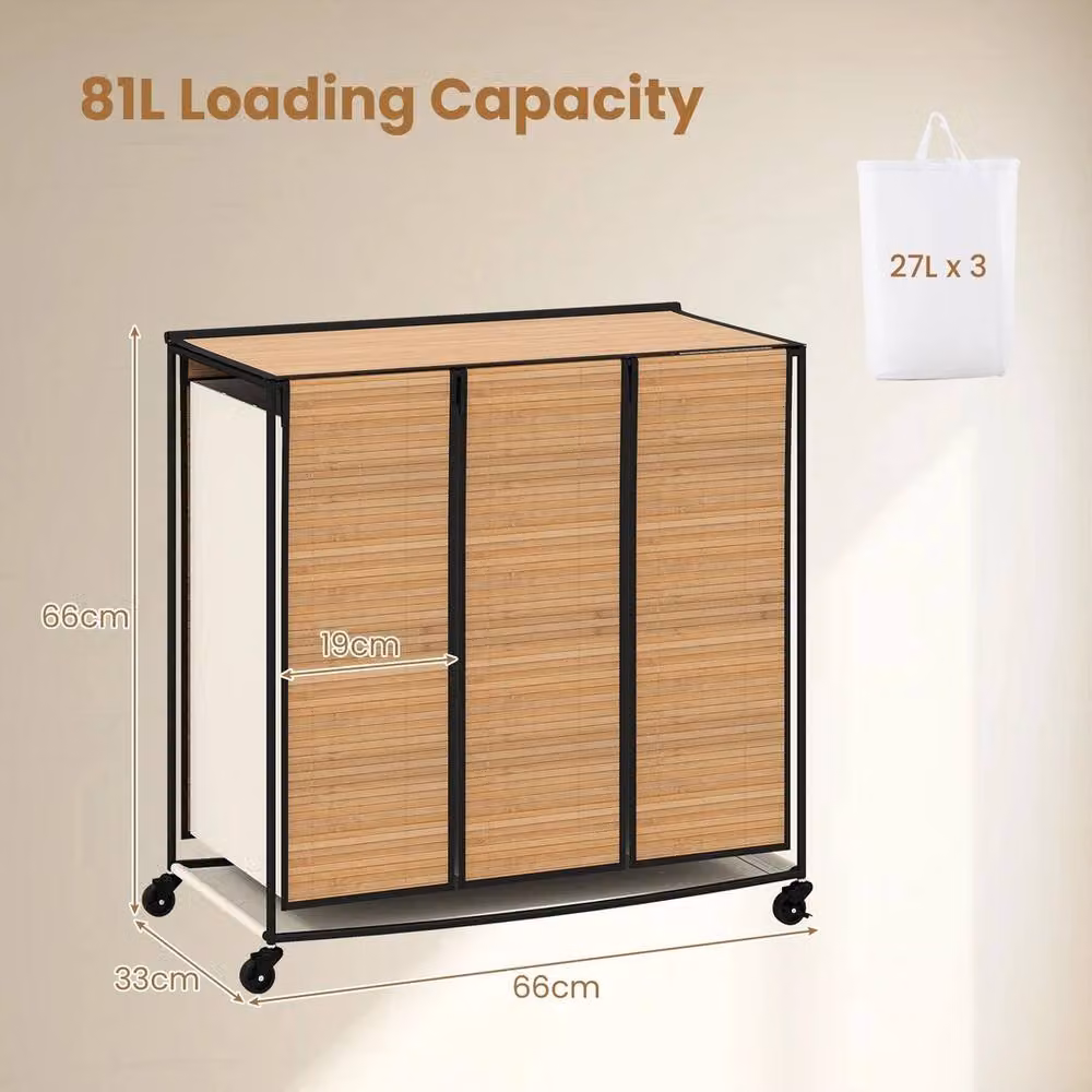 VOGREX 3-Section Bamboo Laundry Hamper with Lid and Wheels in Beige – 2