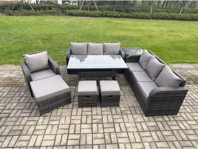 Fimous 10-Seater Outdoor Rattan Dining and Lounge Set in Dark Grey Mixed