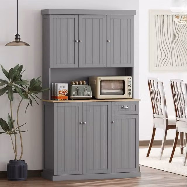 HOMCOM Grey Kitchen Cupboard Storage Cabinet with Adjustable Internal Shelves and Hinged Doors