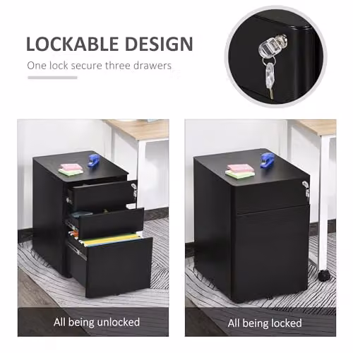 Vinsetto 3-Drawer Metal Mobile Filing Cabinet with Lock and Castors, Black, W: 39 cm, D: 48 cm, H: 59 cm – 3