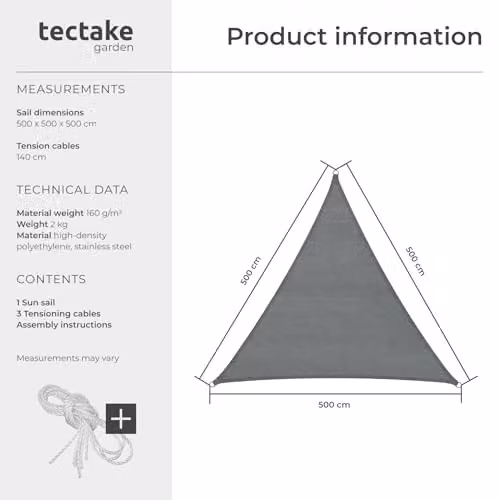 tectake Triangular Sun Shade Sail with UPF 50+ UV Protection, Grey HDPE Fabric – 6