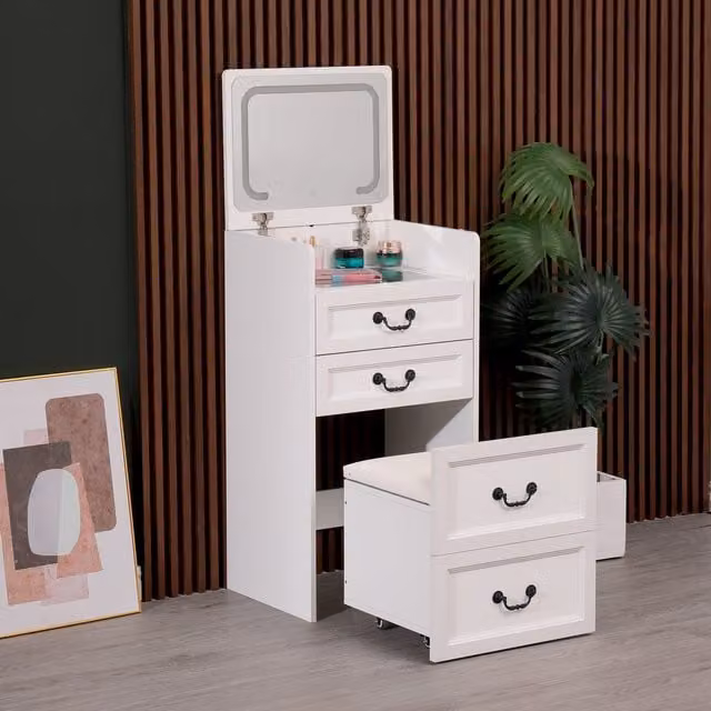 WestWood Modern Dressing Table with Stool Set featuring Flip Top LED Mirror in White