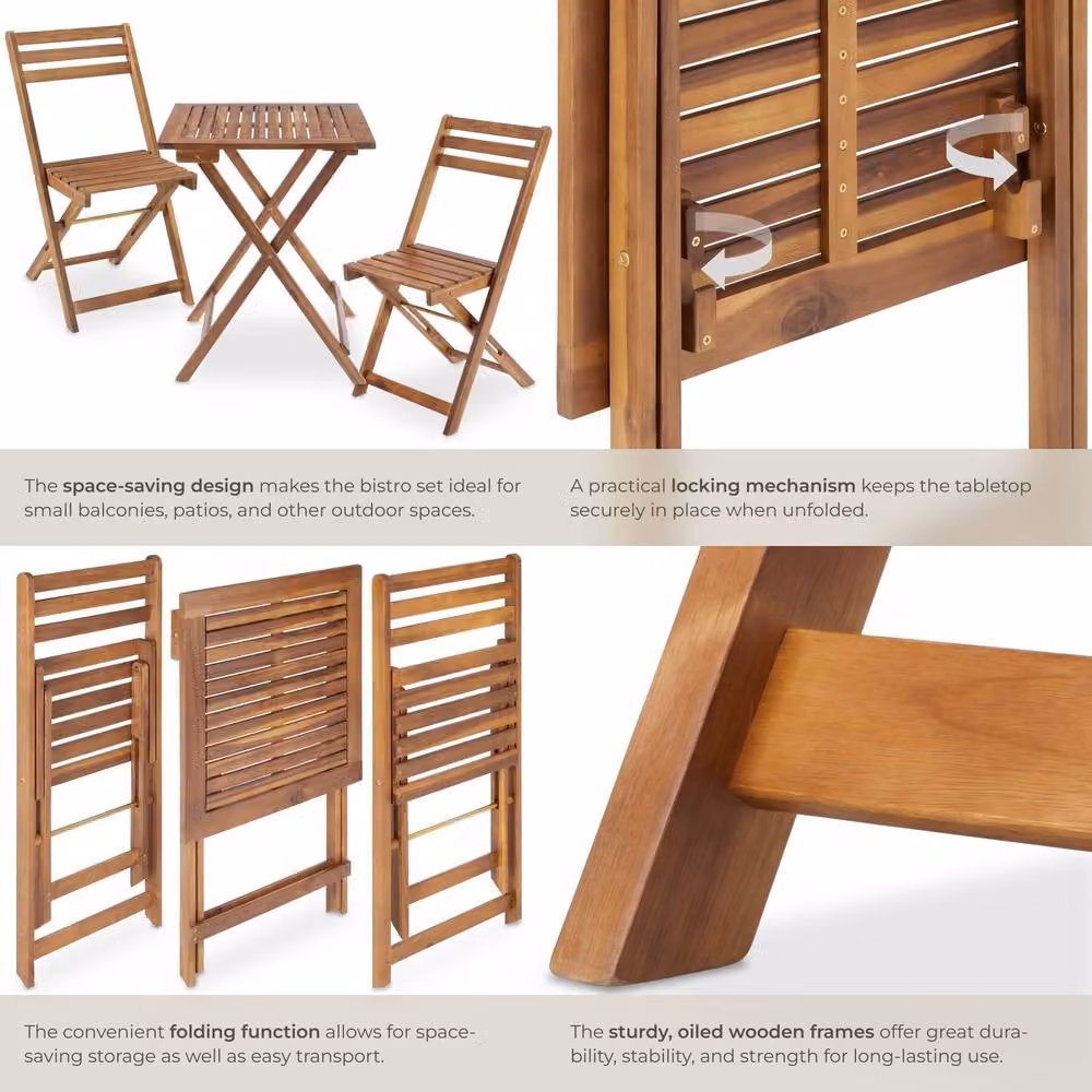 tectake Sóller Foldable Bistro Set for 2 People in Brown Oiled Acacia Wood and Glass – 4