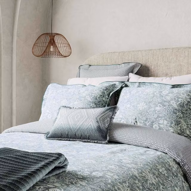 Bedeck of Belfast Saja Reversible Mako Satin Cotton Duvet Cover and Pillowcase Set, Blue, W: 200 cm x L: 220 cm