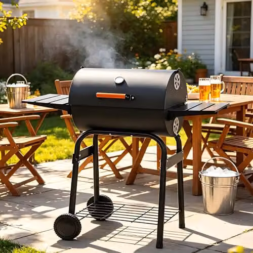 Gr8 Garden Large Charcoal BBQ Barrel Grill Smoker in Black or Grey with Thermometer, Warming Rack and Wheels – 2