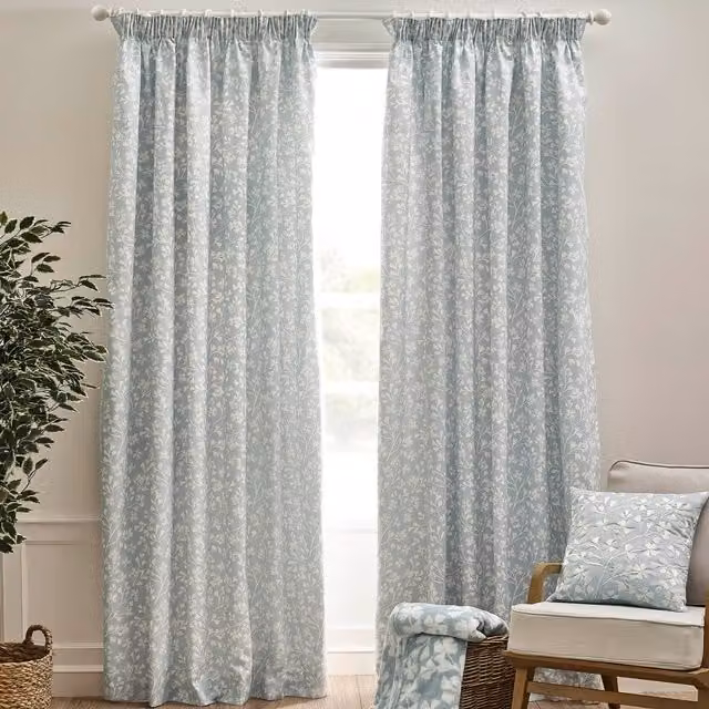 Catherine Lansfield Brooke Floral Ready Made Pencil Pleat Curtains in Duckegg Blue and White