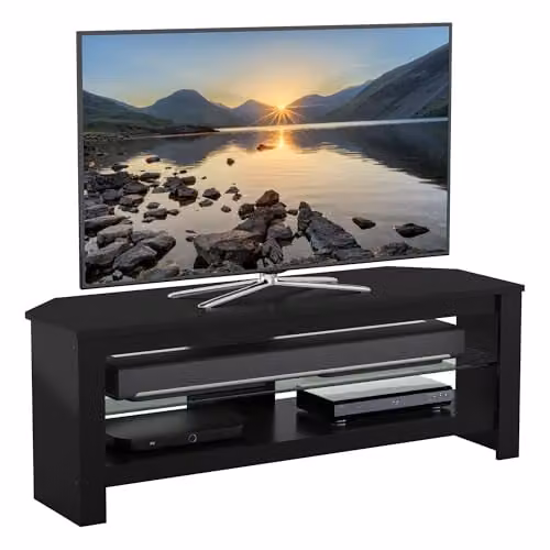 AVF Calibre Black Oak Wood Effect Corner TV Stand with Glass Shelf and Cable Management, Width: 115 cm