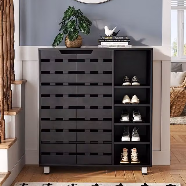 Livingandhome Modern 5-Tier Black Hallway Shoe Cabinet with Tilting Compartments and Open Shelving
