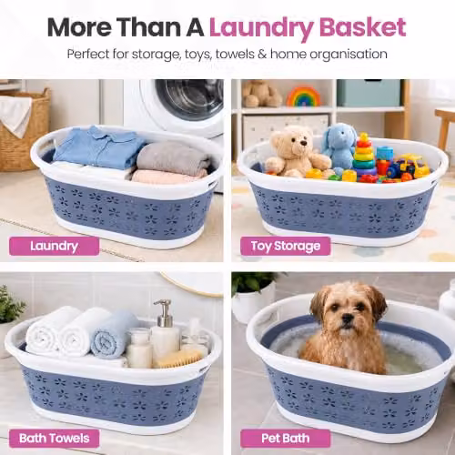 Neel Blue Collapsible Oval Laundry Basket with Handles, 16L, Grey and Blue – 4