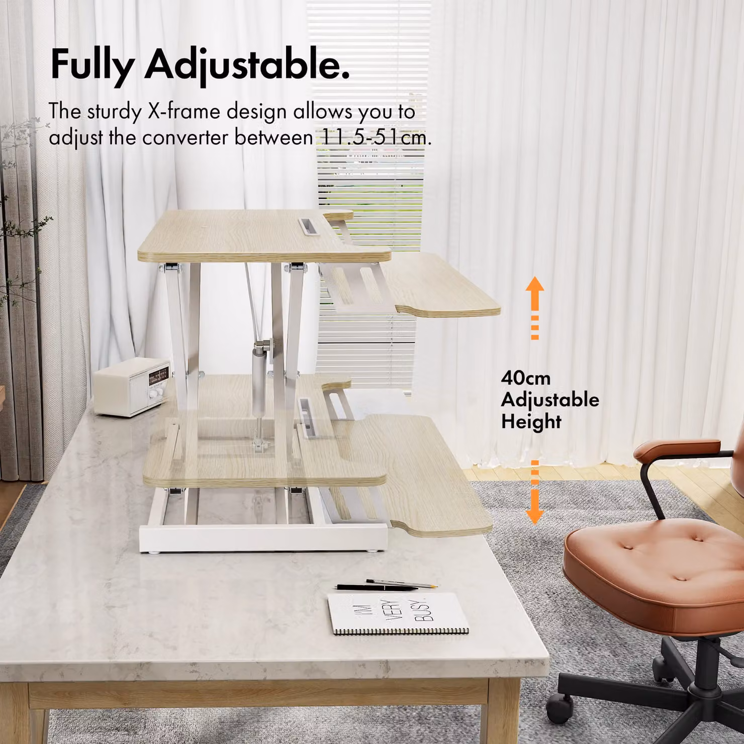 VonHaus Height Adjustable Standing Desk Converter with Keyboard Shelf in Light Brown – 3