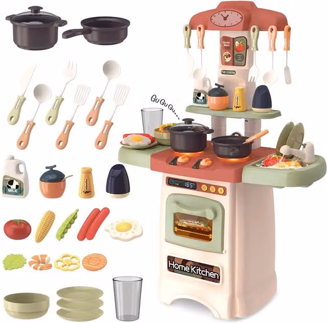 deAO Pink Kitchen Playset with Realistic Light and Sound Press Water Faucet