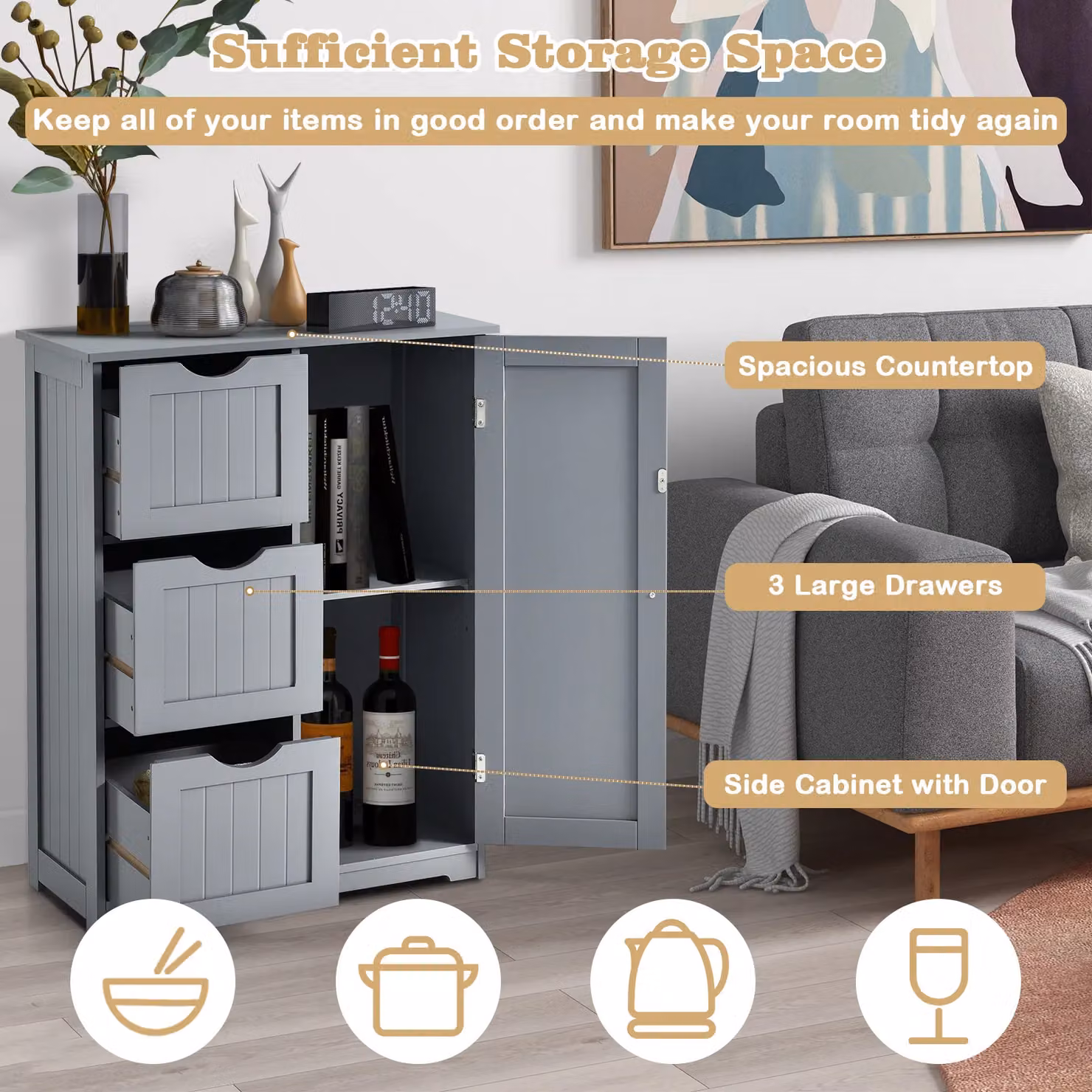 Costway Modern Bathroom Floor Cabinet Storage Cupboard with 3 Drawers in Grey – 5