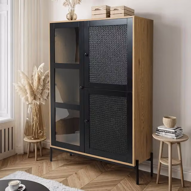 Komore Modern Black Wooden Side Cabinet with Glass and Woven Rattan Doors