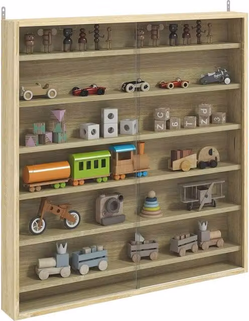 FORGEVIO 7-Tier Wall Mounted Display Cabinet with Glass Doors, Brown Oak Finish