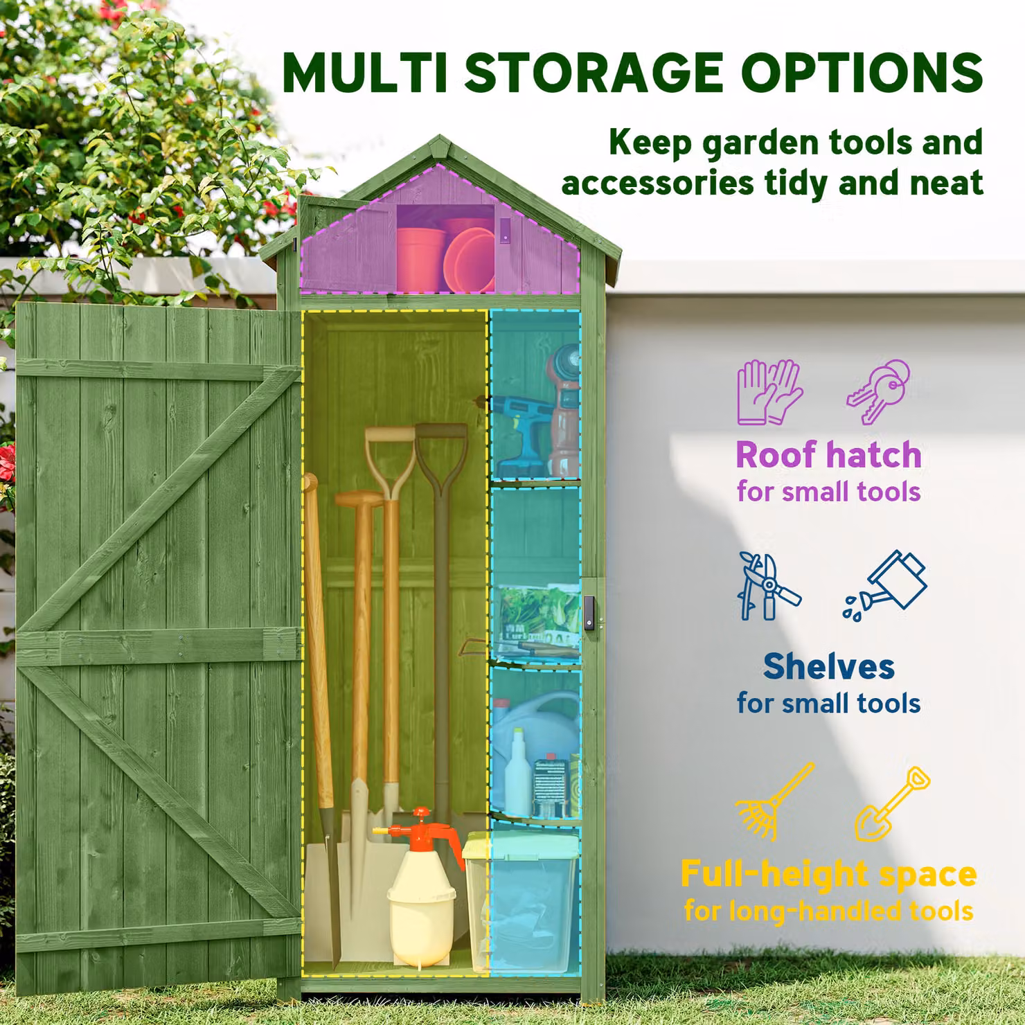 Outsunny Green Wooden Vertical Garden Storage Shed with 3 Shelves, W/D/H: 77 x 54.2 x 179 cm – 4