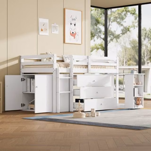 BTM Single Kids Loft Bed in White with Stairs, Drawers and Pull-Out Desk, Solid Wood, W/D/H: 90 x 190 x 195 cm – 1