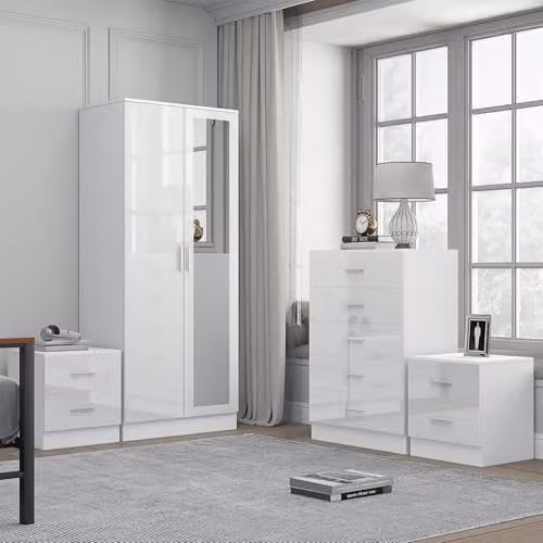 Reflect Modern Bedroom Furniture Set in White Gloss and Matt White Finish featuring 2 Door Mirror Wardrobe, 5 Drawer Tallboy Chest and 2 Bedside Tables – 1