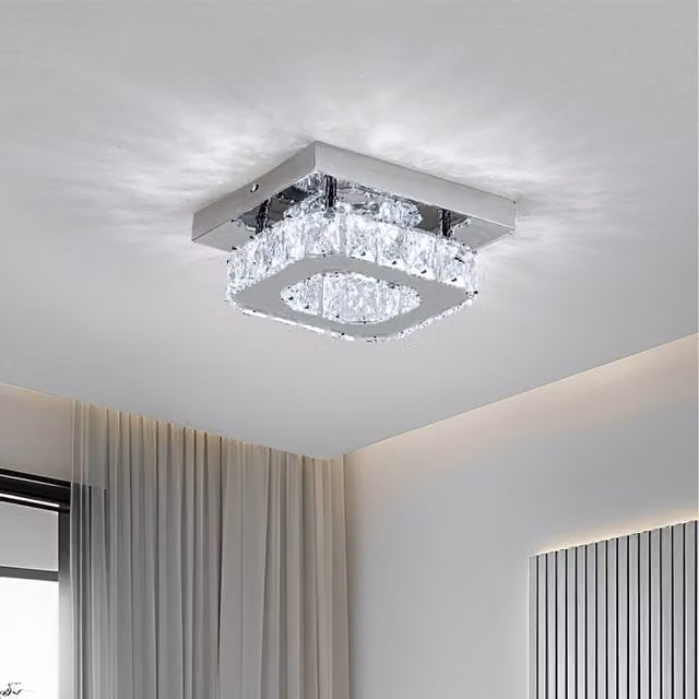 Komore Modern Square Crystal Ring Ceiling Light with Silver Stainless Steel Base