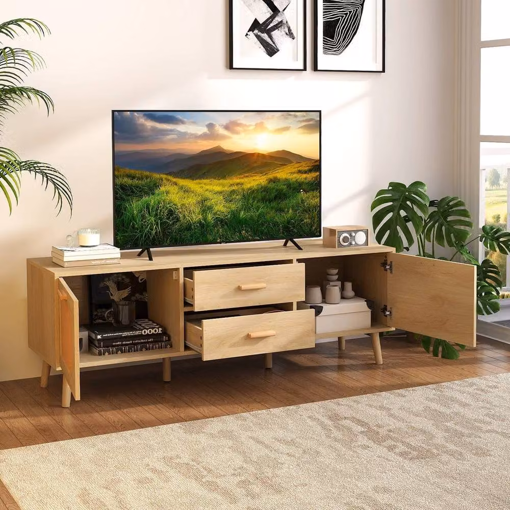 Kelvenix Brown Rattan and Wood Boho TV Stand with Media Compartments, Width: 150 cm – 3