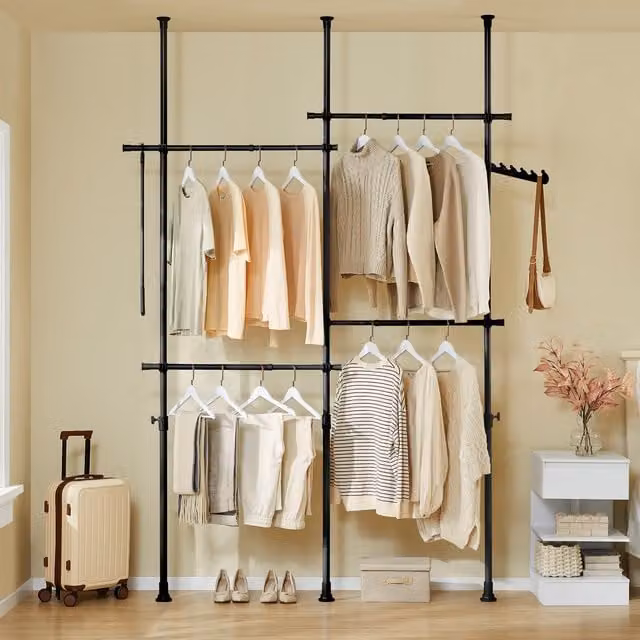 SoBuy Matt Black Metal Telescopic Clothes Rail with Continuous Linear Rail