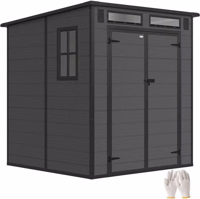 Outsunny Plastic Garden Shed with Floor and Lockable Double Doors in Dark Grey, W/D/H: 182.88 x 182.88 x 200 cm – 1