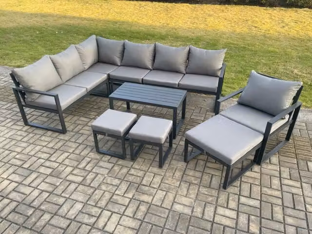 Fimous 10 Seater Outdoor Lounge Corner Sofa Set in Dark Grey with Oblong Coffee Table and 3 Footstools