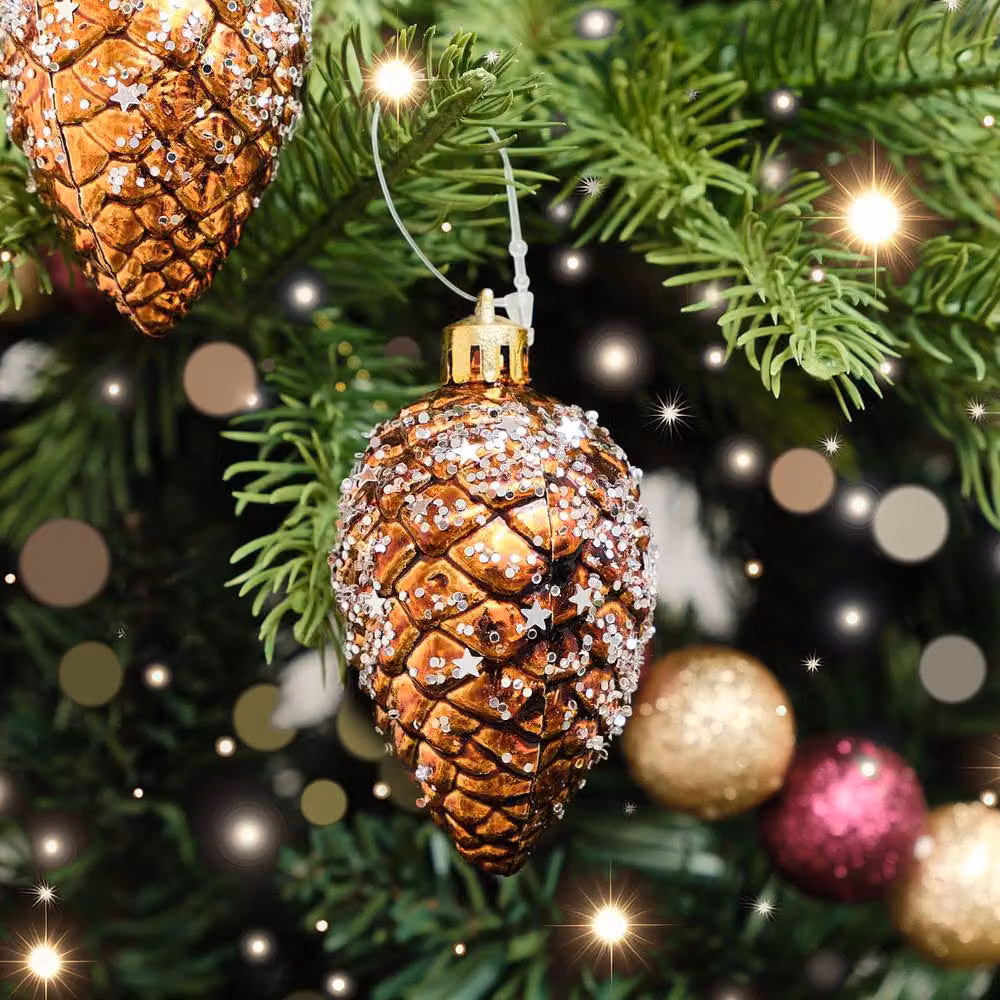 Melody Maison Set of 3 Gold and Bronze Sequin Pinecone Bauble Christmas Hanging Decorations, Diameter: 6.5 cm – 3