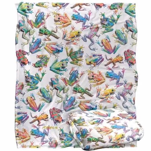 JQ Licensing Royce Mcclure Sticky Fingers Frog Pattern Super Soft Fleece Throw Blanket, White and Multicolour, W/D/H: 152 x 127 cm – 1