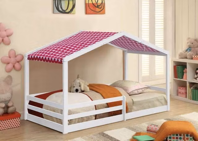 Comfy Living Ltd Solid Wood Childrens House Bed with Pink Tent in White and Grey, W/D/H: 90 x 200 cm